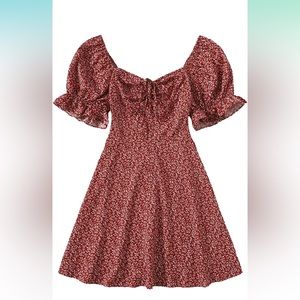 Floerns Women's Summer Drawstring Sweetheart Neck Puff Sleeve A Line Short Dress